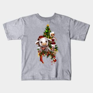 Cute christmas cow with little elf and christmas tree Kids T-Shirt